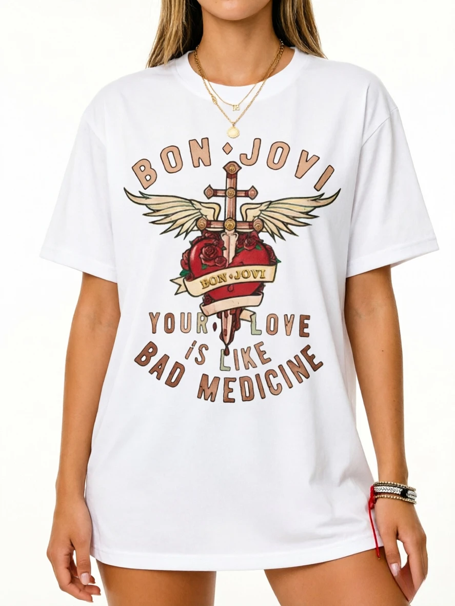 Bon Jovi Your Love Bad Medicine Graphic Print Women's T-Shirt Black Casual Short Sleeve Female Top Design Wings Roses Artwork