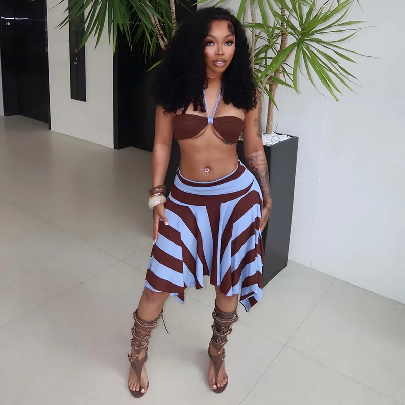

STYLISH LADY Striped Print Two Piece Set Halter Crop Top and Asymmetrical Skirt Set 2026 Summer Beach Vacation Outfit for Women