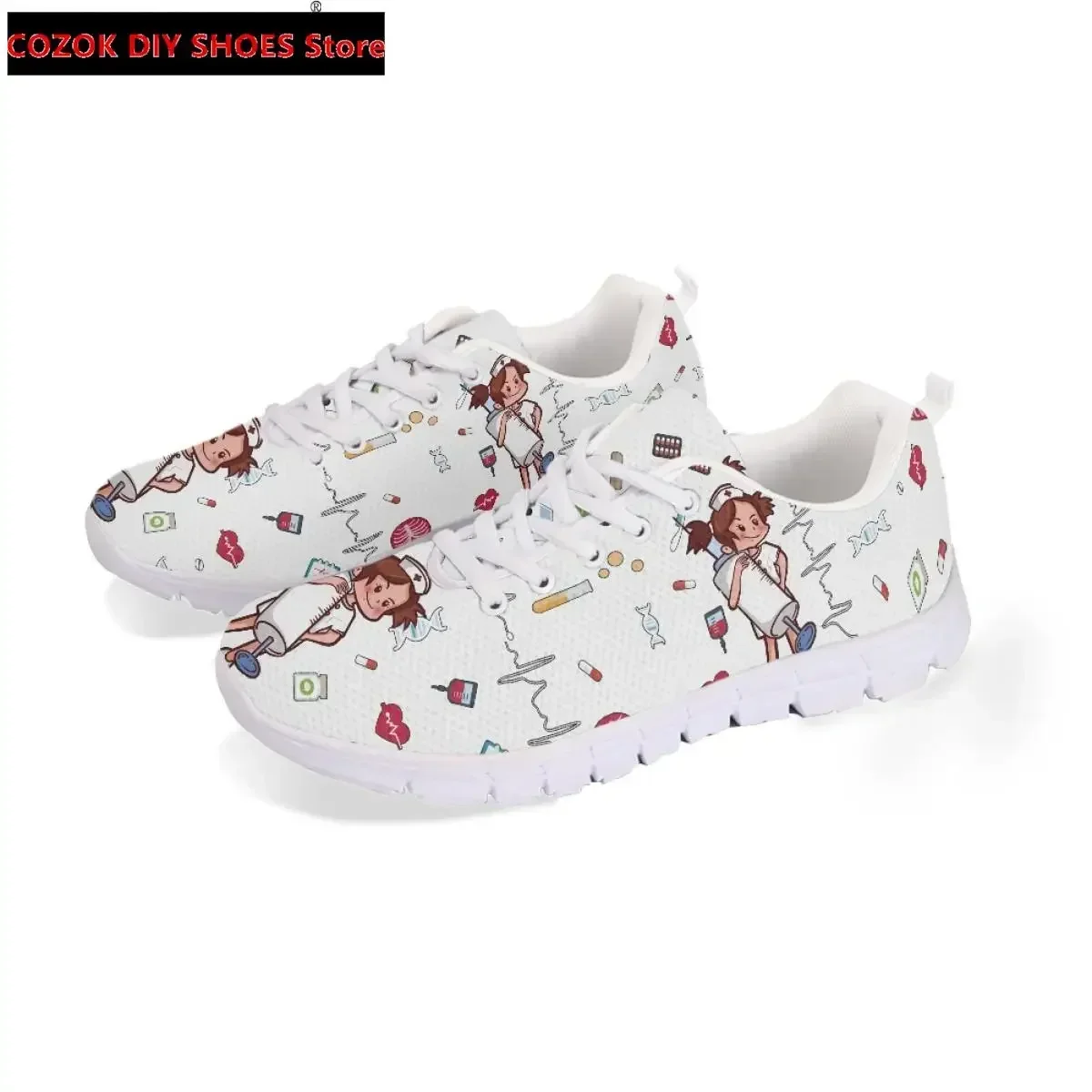 Women Lace Up Nurse Shoes Syringe Medical Heartbeat Pattern Female Casual Mesh Flats Sneaker Girls Zapatillas Mujer