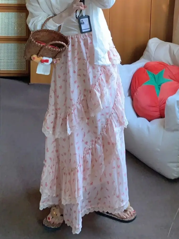 Dopamine Pink Bow Print Summer Skirt Sweet Girl Elegant High-waisted Panels Design Cake Maxi Skirt Korea Chic Casual Outfits New