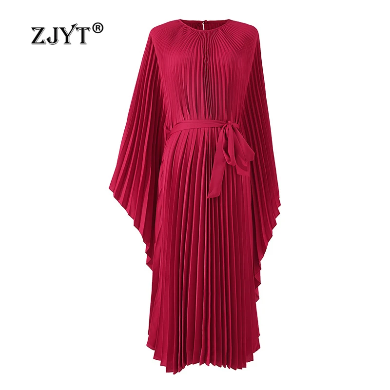 

ZJYT Elegant Dresses for Women High Quality Batwing Sleeve Loose Pleated Party Dress Midi Vestidos Para Mujer Holiday Vacation