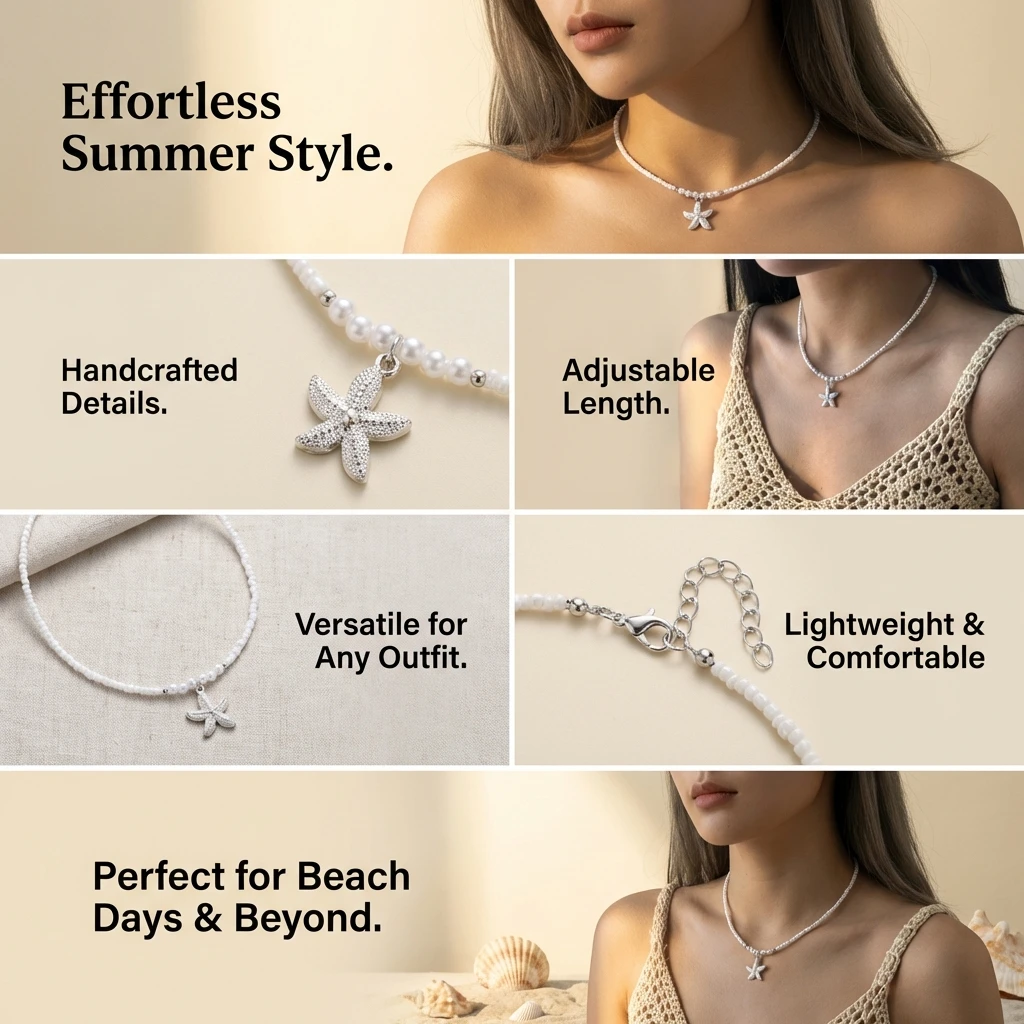Boho Sommer Strand Weiße Perlenkette für Frauen Minimalistischer Silberfarbener Seestern-Anhänger Choker Perfektes Urlaubsschmuck-Geschenk – Detail 3