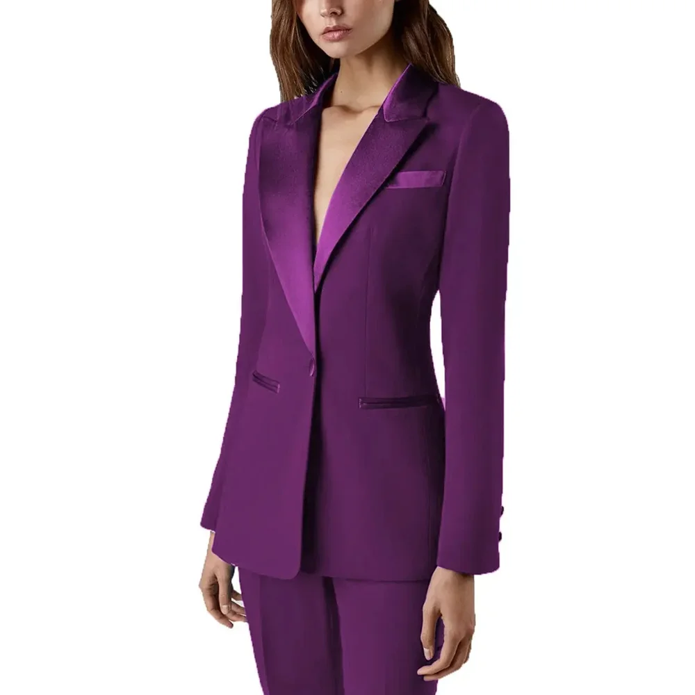 Pants Sets 2 Piece Fashion Satin Peak Lapel Single Button Solid Color Outfits Chic Casual Slim Daily Office Women's Suit