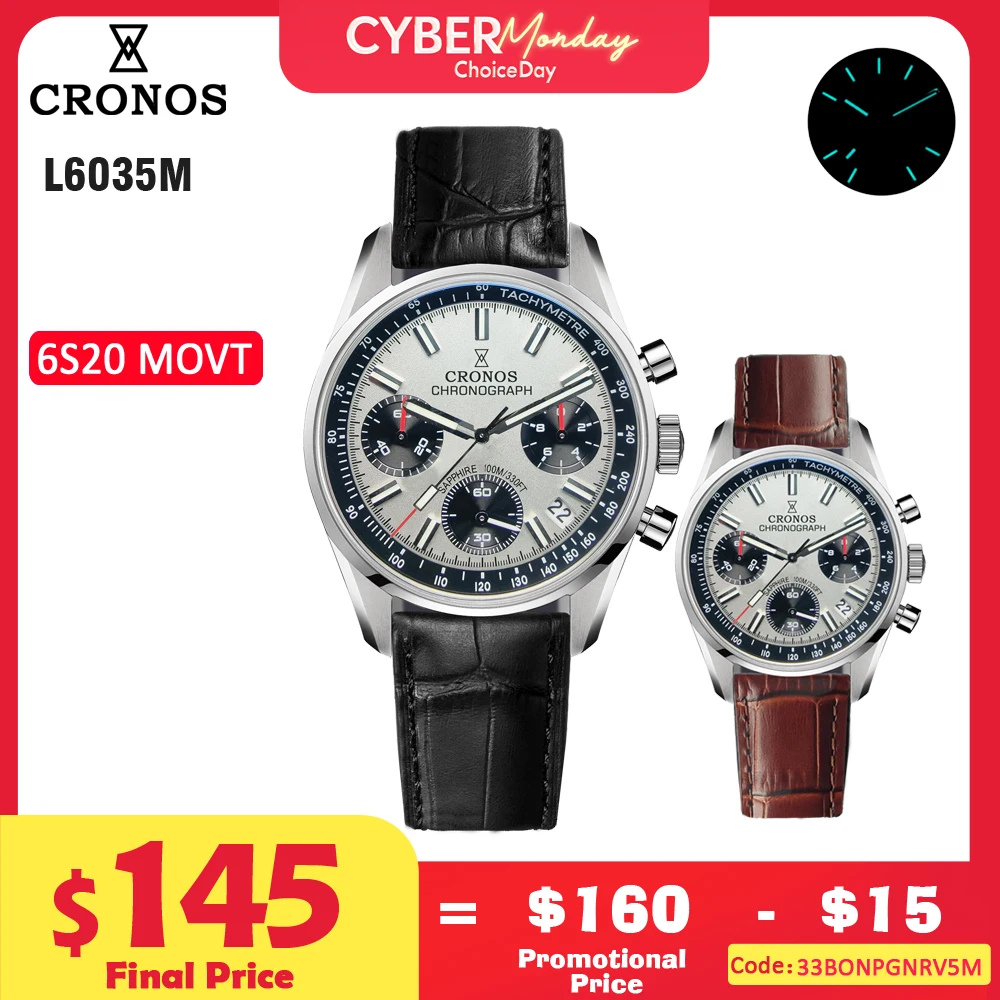 Cronos Chronograph Quartz Men Watch Miyota S620 Black&White Panda Dial Sapphire 10 ATM Tachymetre Leather Strap