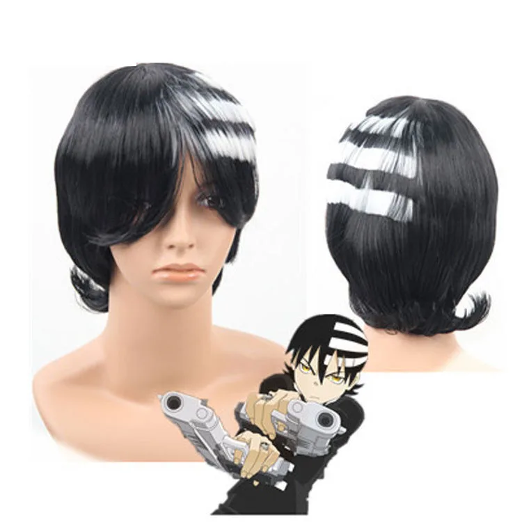 Anime Soul Eater Death the Kid Cosplay Wig Black White Men Women Cosplay Costume Wig with Wig Cap Carnival Halloween Props