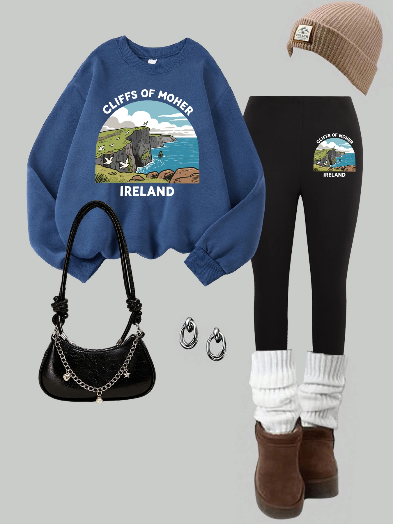 

Комплект свитшотов с принтом Ireland Moher View, женские флисовые пуловеры с круглым вырезом Y2K, универсальные утепленные леггинсы, осенние брюки в стиле хип-хоп