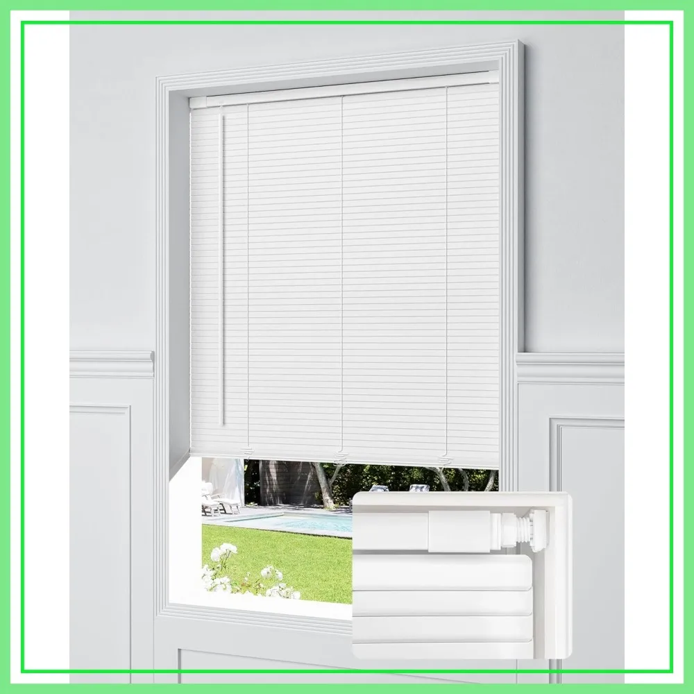 No Drill Blinds for Windows, 1" Vinyl L-Shaped Slats Cordless Mini Blinds for Home, Window Size 27" W x 48" H White