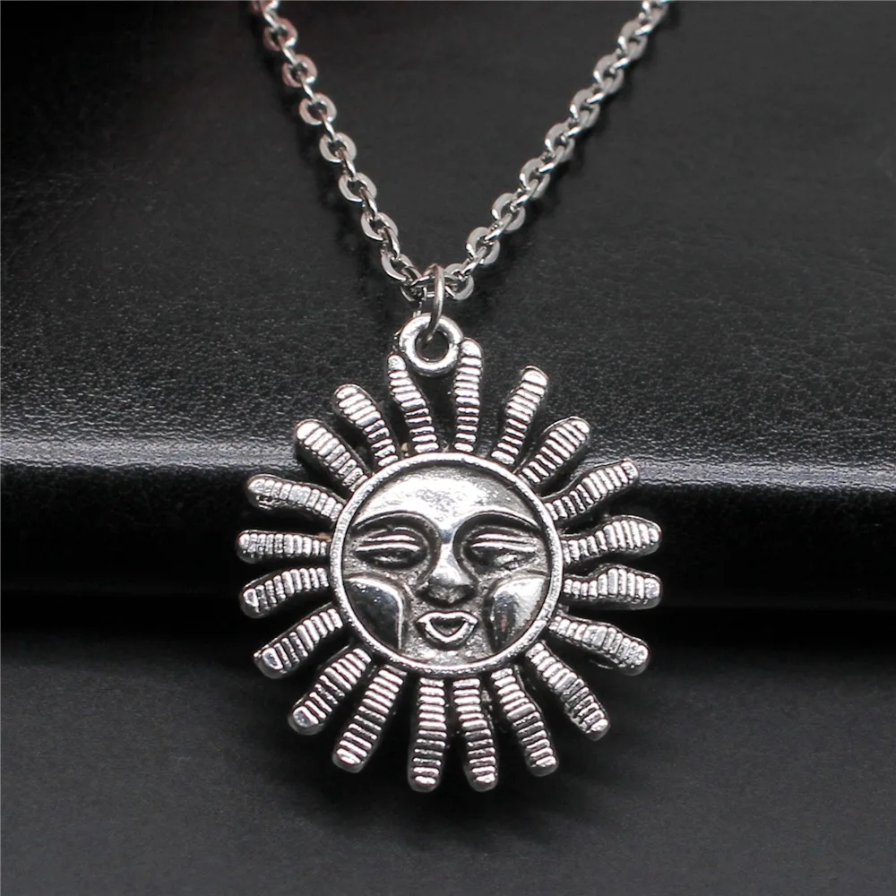 Fashion Simple Vintage Antique Silver Color 34x29mm Sun Pendant Necklace For Women