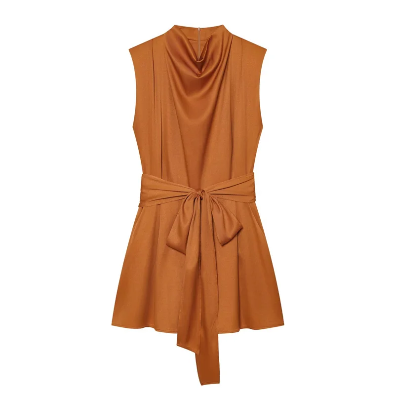 2026 Fall New Minimalist Orange Womens Romper Sleeveless Shoulder Pad Belt Beach Vacation Jumpsuit