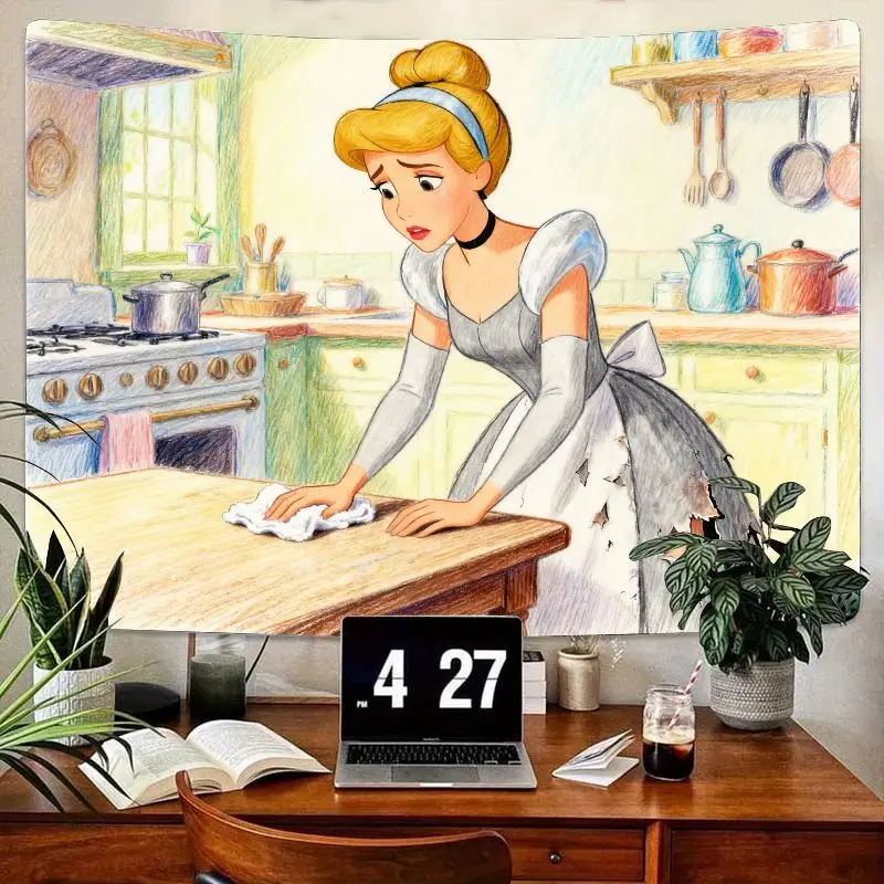 

1 шт. Гобелен принцессы Робочия Золушка Диснея. Эстетическое настенное искусство кухонной сцены. Подарок для декора сказочной комнаты из полиэстера для девочек