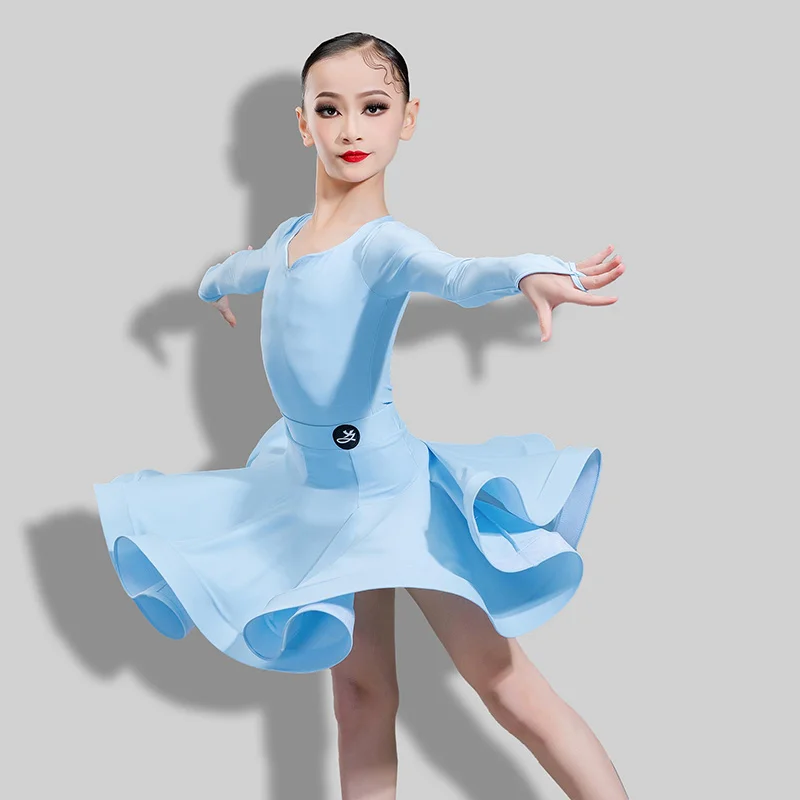 Vêtements de concours de danse latine professionnelle pour enfants, Costume fendu à manches longues pour filles, Costume de spectacle latin Chacha DN22462