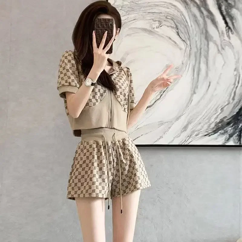 

Female Shorts Two-piece Women's Short Sets 2 Pieces Top and Bottom Sleeve New in Matching Classic Complete Novelties Kit Outfit