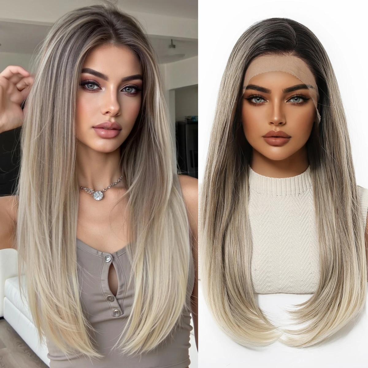 

Long Straight Daily Cosplay Wigs 13*4 Lace Frontal Synthetic Fake Hair For Women Blonde Wigs With Dark Roots Natural Hairline