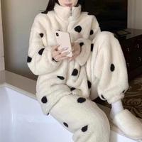 Women Zip-up Pajama Set Winter Sleep Set Cozy Winter Pajamas Set for Women Thick Fleece Zip-up Sleepwear with Dot Printing Long