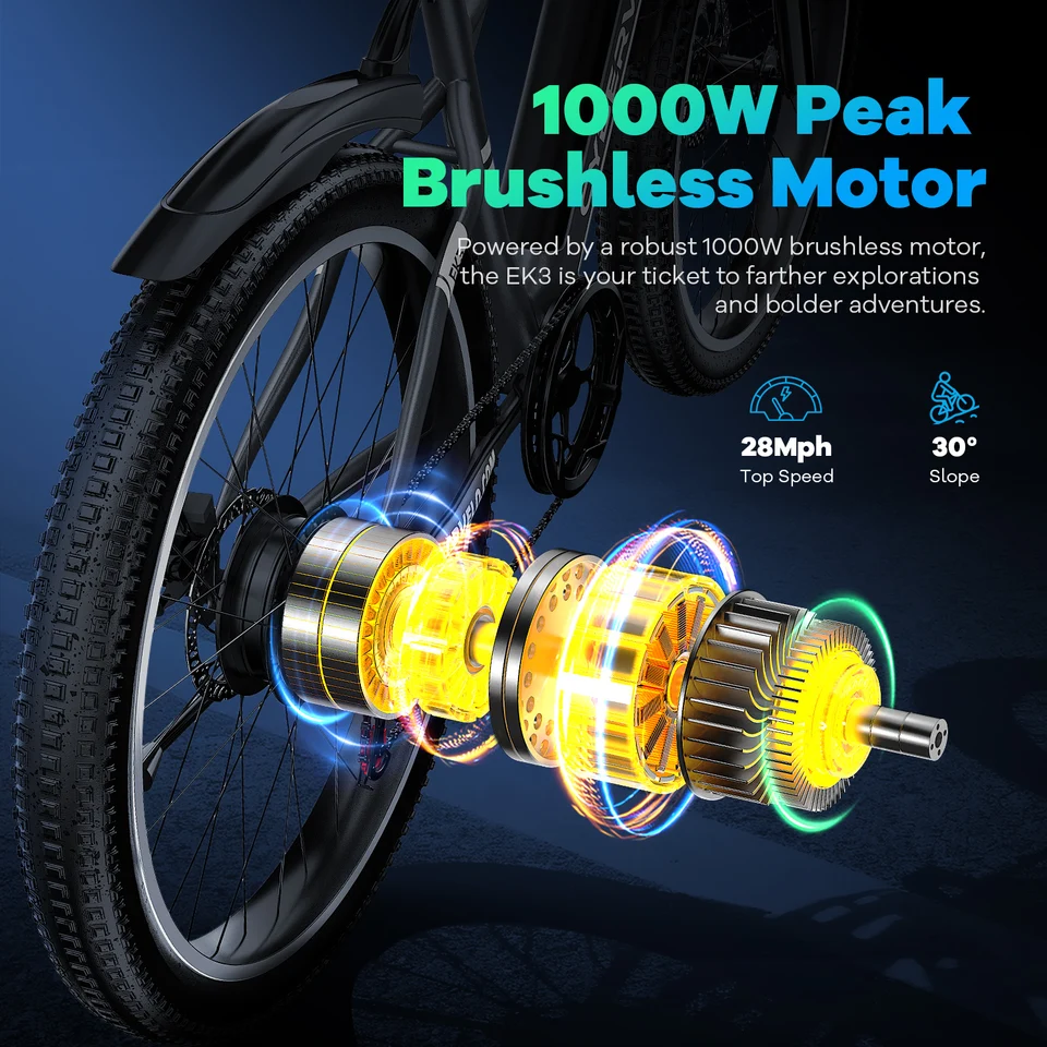 Cybervelo 26" Adult Electric Bicycle 1000W Peak Motor 48V Waterproof Battery 7-Speed Shift for Commute Beach Snow Women's And Men's EK3 image 3