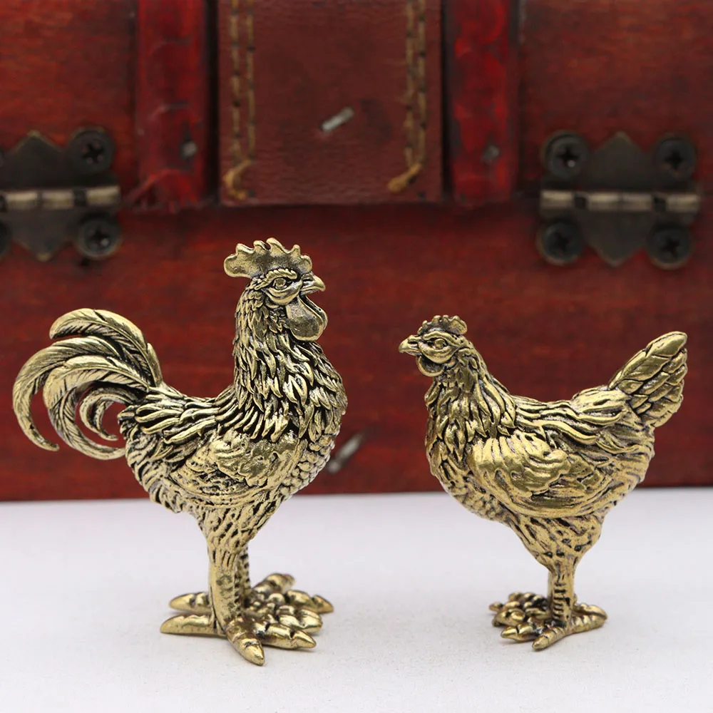 Solid Brass Rooster Hen Figurines Desktop Ornament Retro Animal Chicken Small Statue Home Decoration Crafts Accessories Tea Pets