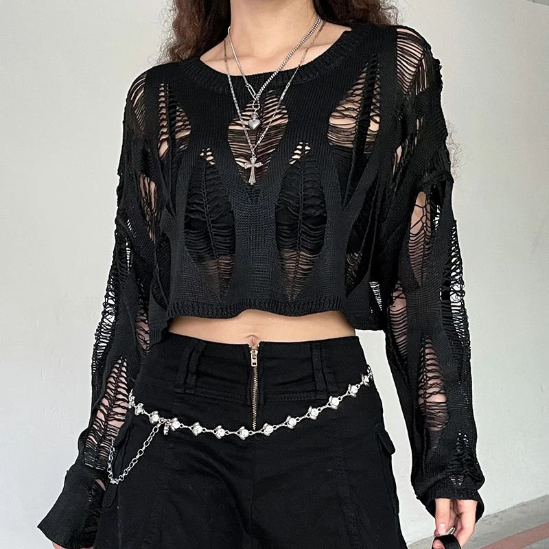 Women Knitted Shirt Summer Sexy Hollow Out New Female Long Sleeve Blouse Fashion All Match Loose Solid Gothic Ladies Crop Top