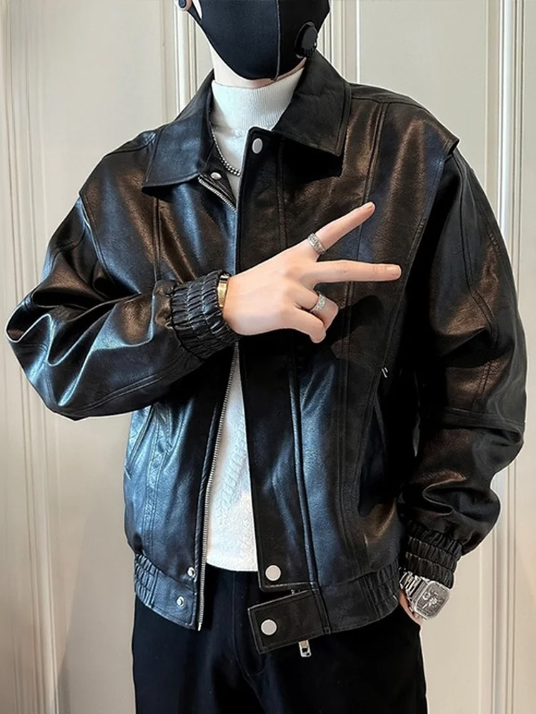 

Men's Biker Leather Jaet Autumn 2025 New Sle Trendy Haome Loose Fit Zipper Decorated Casual Faion Polyester
