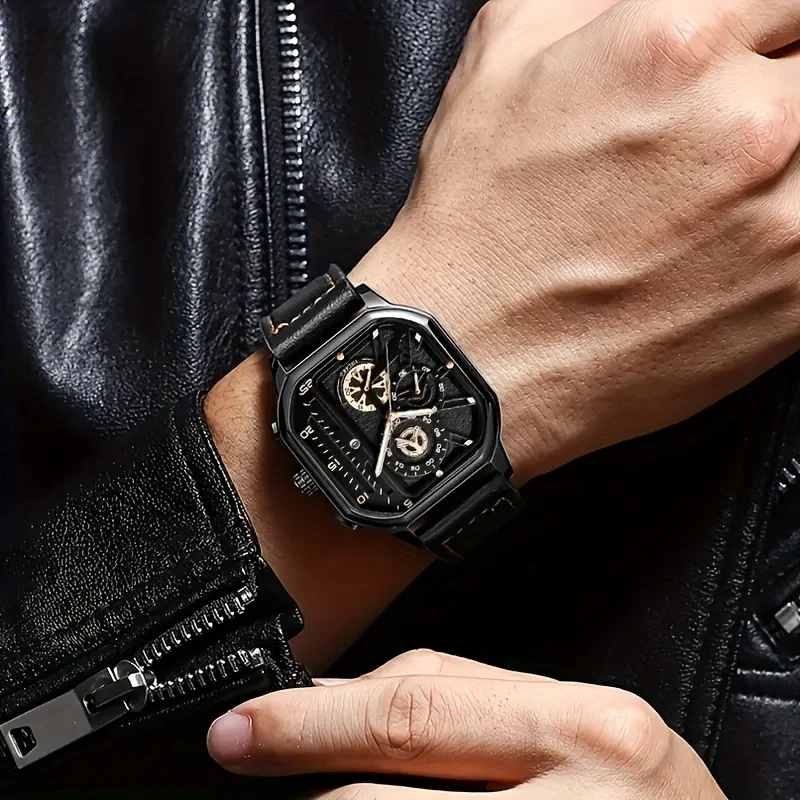 2-Piece Luxury Men's Leather Strap Quartz Watch Set with Calendar - Perfect Gift for School, Graduation, Men Gift