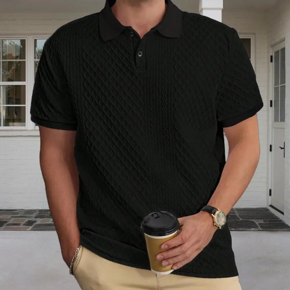 Men Tops Lapel Short Sleeve Solid Color Tee Shirt With Jacquard Decoration Jacquard Fabric Solid Color Light Ripe Hoodie Tops