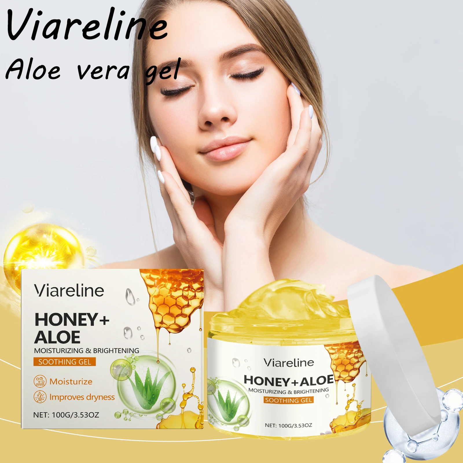 

Viareline Honey Aloe Vera Skin Care Gel Repair Sunburn Skin Moisturizing Reduce Redness and Dryness Oil Control Soothing Gel