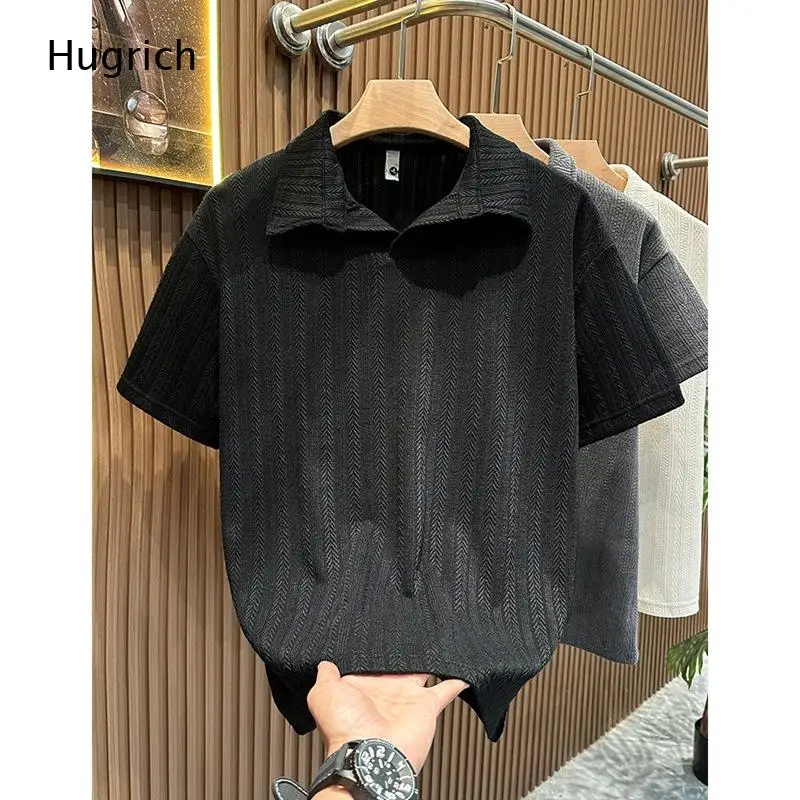 Men Vertical Textured Waffle Knit Polo Shirt Notch Lapel Collar Short Sleeve Casual Top