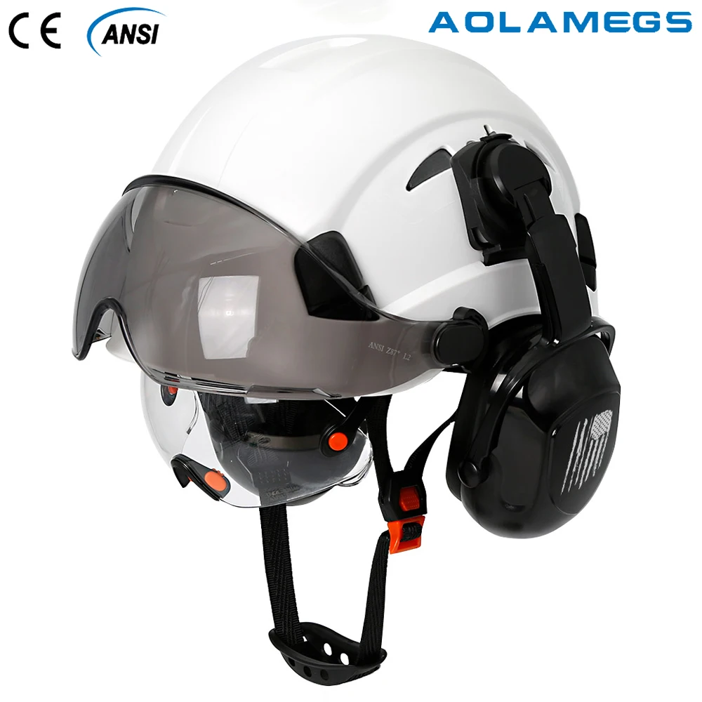 Safety Helmet With Visors Built In Goggles Upgraded Earmuff Noise Reduction For Engineer ABS Hard Hat ANSI Industrial Work Cap