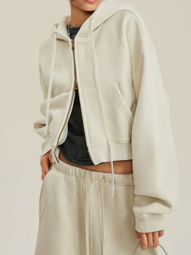 

Retro Sweatshirt Zipper Jacket Plus Velvet Distressed Short Cardigan Top For Women Solid Color Simple Style All-match Casual