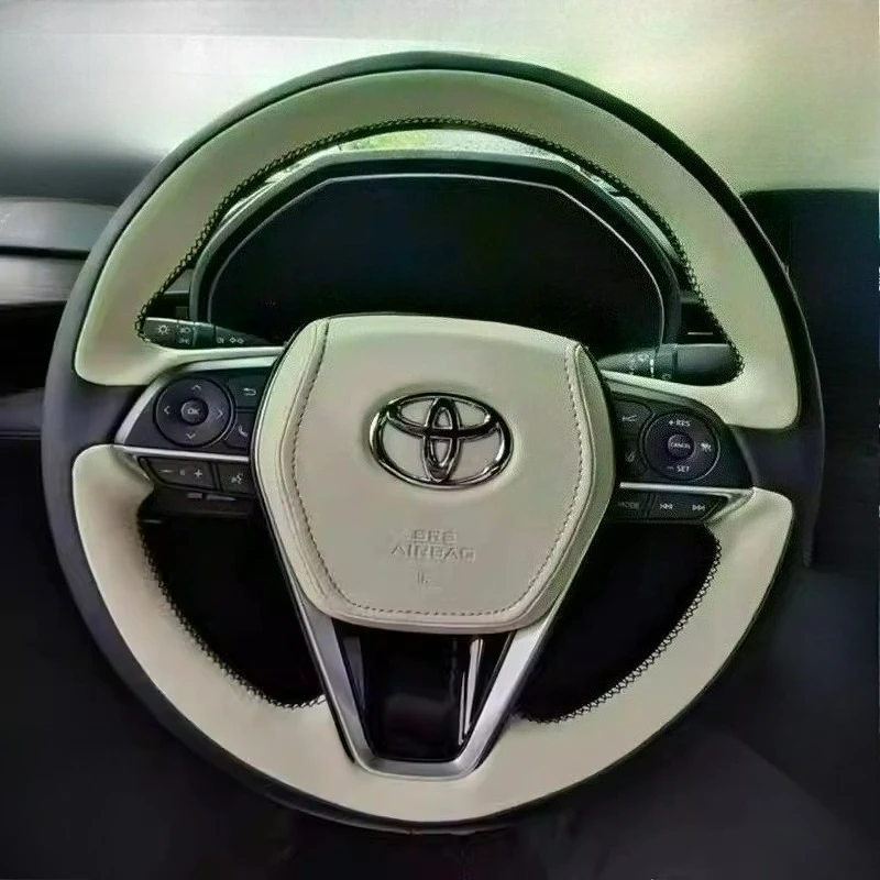 

Hand-stitched renovation black white leather car steering wheel cover For Toyota Avalon Camry Crown Corolla RAV4 2018-2023