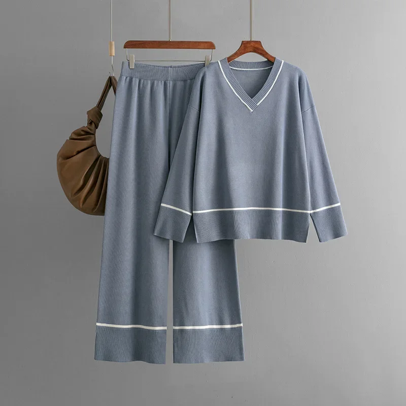 Women\'s V Neck Sweater Two Piece Sets Womens Outifits Autumn Winter Knitt Loose Suits Pants Sets for Women 2 Pieces Pullover