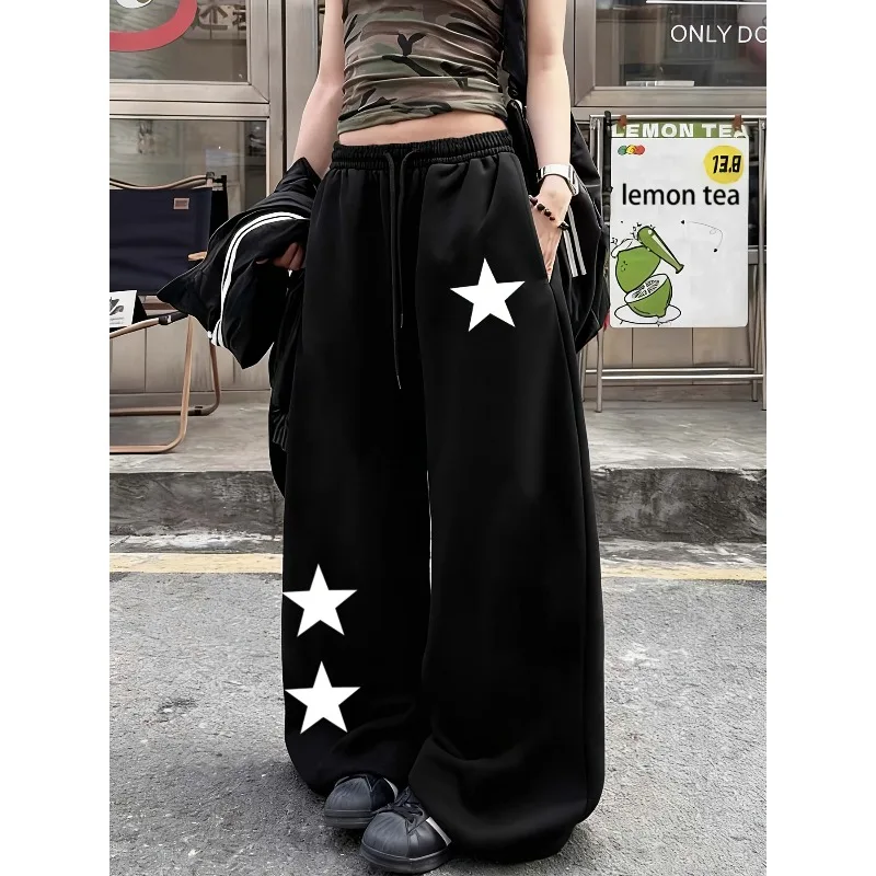 Women's Kid Autumn and Winter Plus-size Star Print Loose Straight Fleece Leg Sweatpants Trendy Streetwear Stylish Versatile