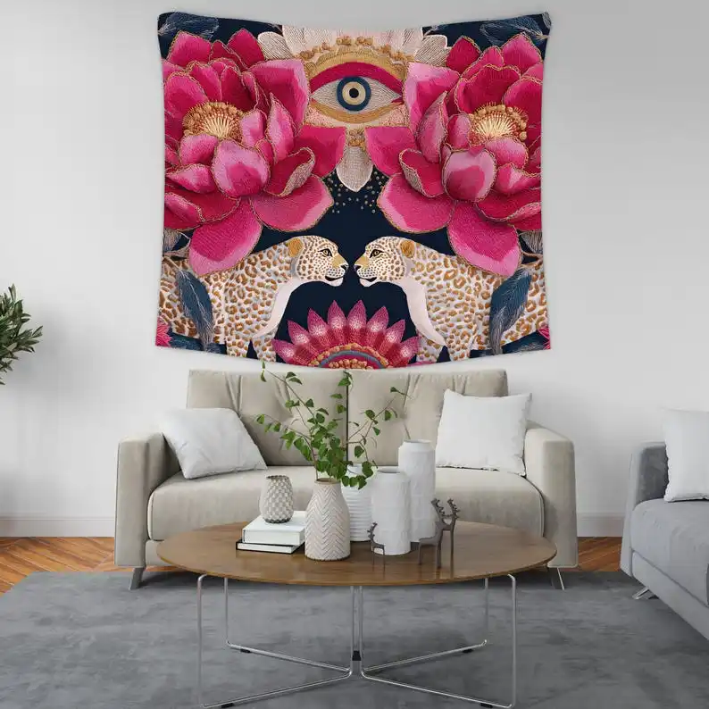 Boho Leopard Lotus Tapestry Wall Hanging: Mystical Floral Jungle Decor, Third Eye Surreal Decor