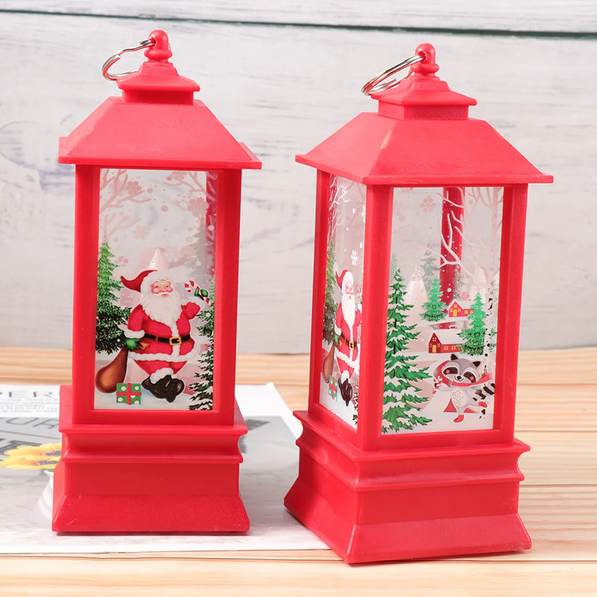 2 Pcs Christmas Snow Lantern Santa Decorating Tree LED Lighted Flame Hanging Lamp Glowing Candlestick