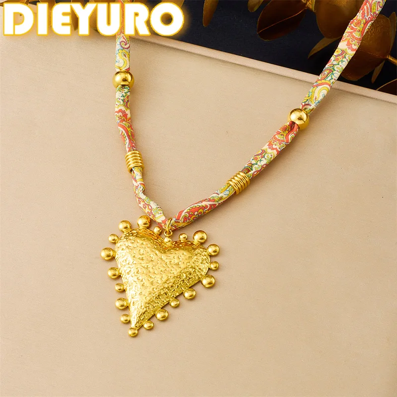 DIEYURO 316L الفولاذ المقاوم للصدأ الملمس الذهبي غير النظامية القلب قلادة اللون نمط الشريط قلادة سيدة خمر سلسلة عنق مجوهرات