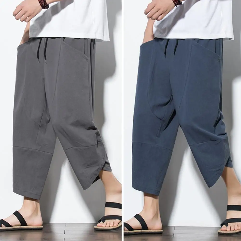 Men Cropped Pants Drawstring Straight Leg Pocket Ethnic Style Mid-calf Length Men Sweatpants Plus Size School Men Summer Pants