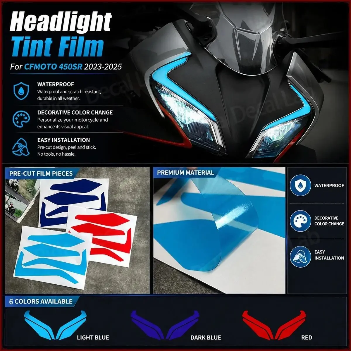 For CFMOTO 450SR 2023-2025 Headlight Tint Film Waterproof Easy Apply Motorcycle Decal 6 Colors