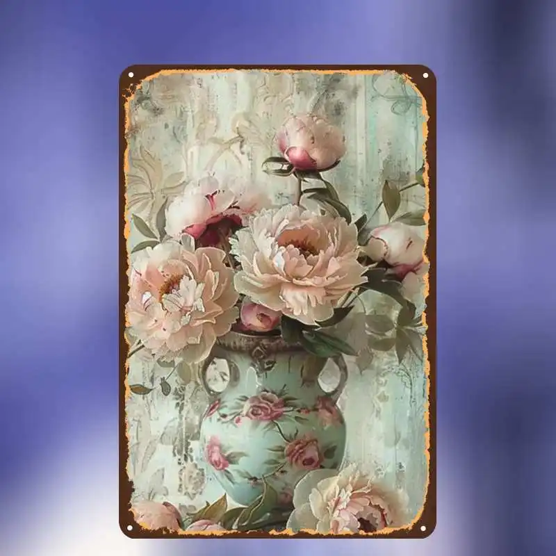 2D Flat, 1pc, Vintageelegant Peonies in a Vintage Vase: A Soft, Romantic Floral Arrangement Metal Iron Sign, Pre-Drilled Hole