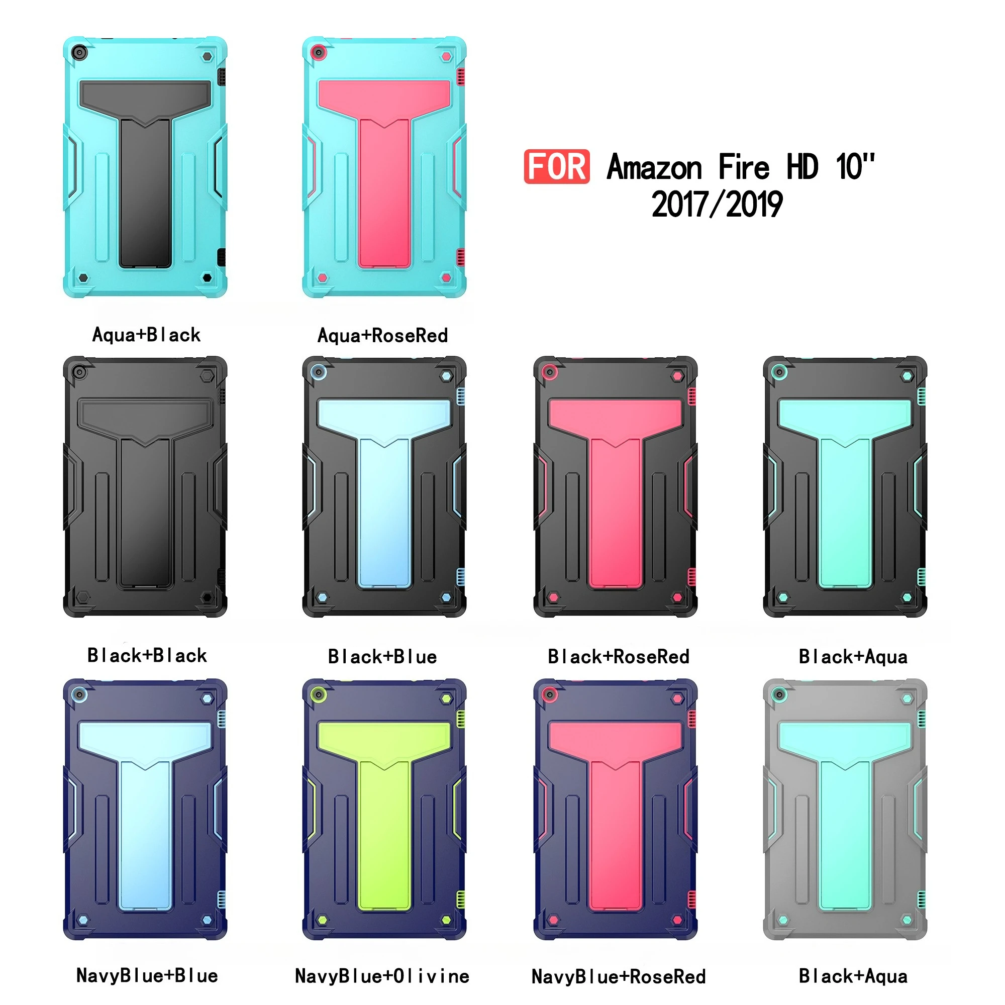 Tablet case for Amazon Fire HD 10 (2017/2019), multi-angle T-shaped stand, contrasting design, drop and shock resistance