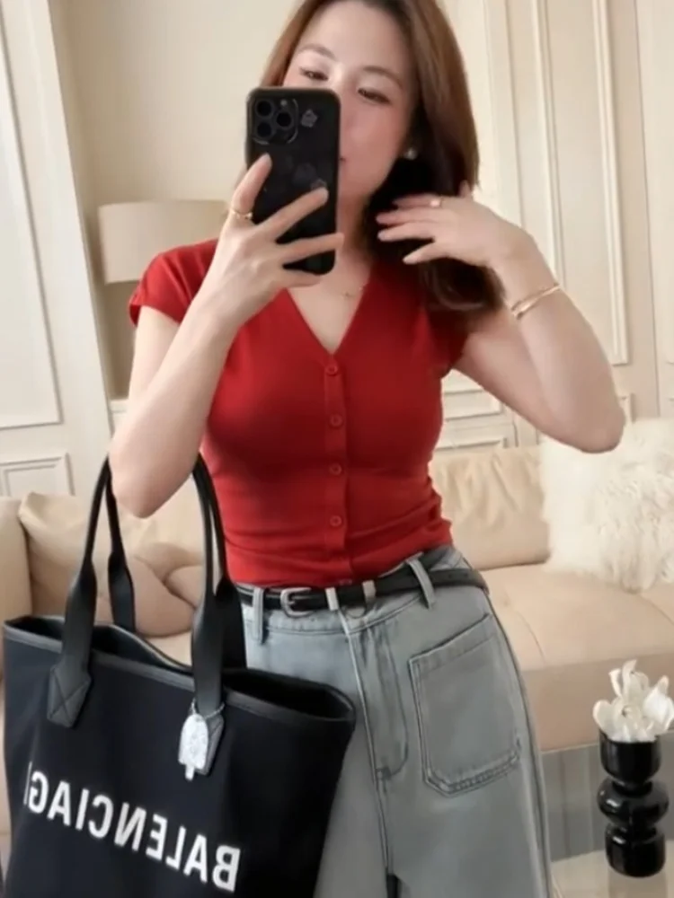 Top lavorato a maglia in seta di ghiaccio V-Ne di colore puro Estate da donna dimagrante ort Sve Base irt T-shirt ampia coreana versatile Sle