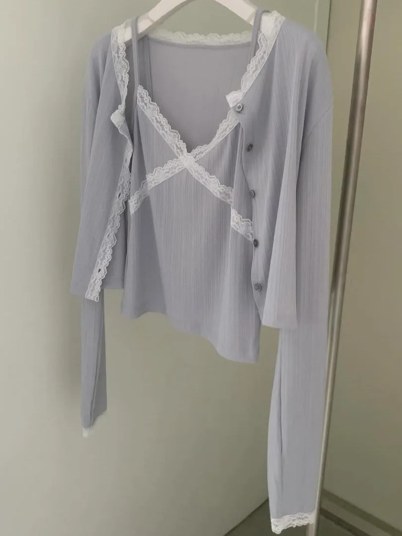 Conjunto de duas peças f curto e e com cardigã aberto xadrez, botão único, estilo coreano, ajuste slim, manga c...