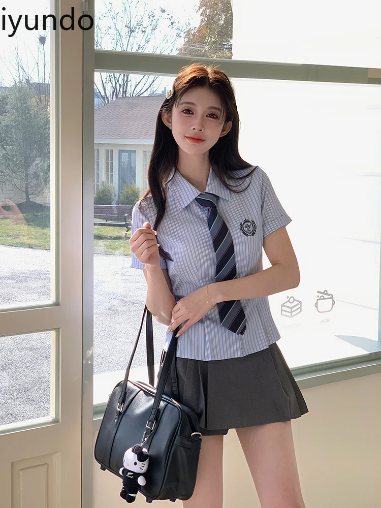 Japanse schoolmeisjesuniform blouse met korte mouwen voor dames |   Preppy lente zomer blauwe slim fit tops shirts voor dames