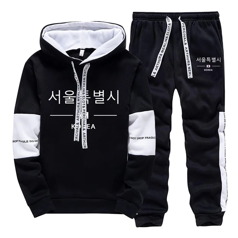 Mens Tracksuit Fashion Printing Casual Hooded Sweatshirts+PantsTwo Piece Set Gym Jogging Clothing Black White Sports Streetwear