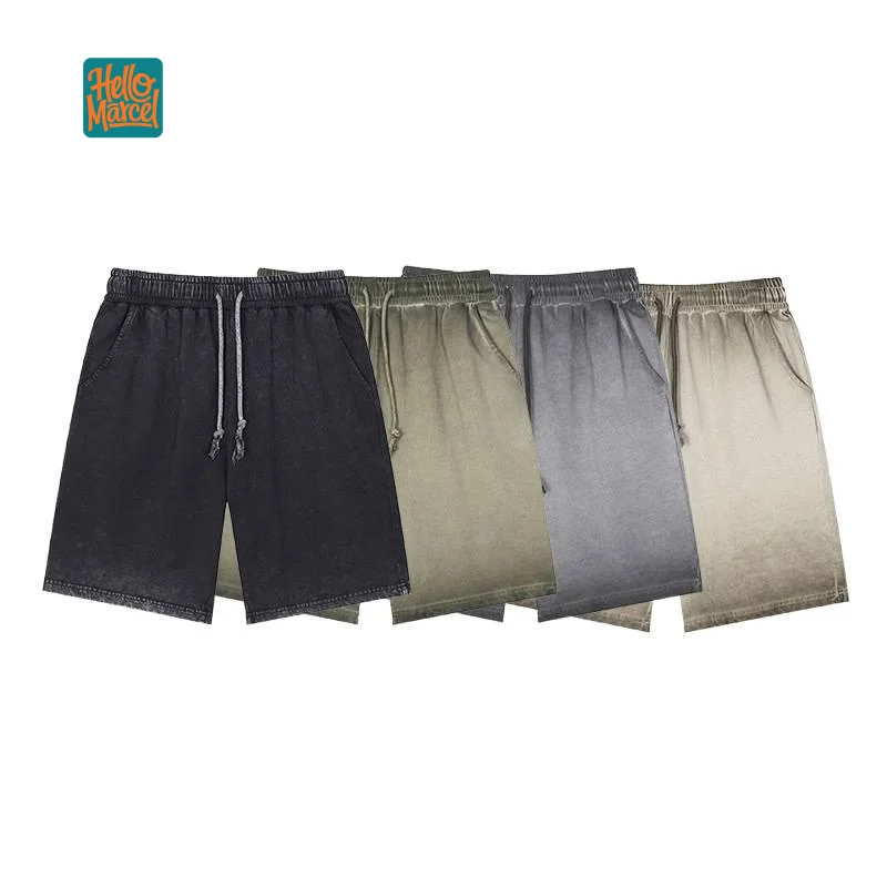 HELLOMARCEL EU US Size Luxury Quality Sports Shorts 350g Heavyweight Washed Loose Casual Distressed Sweat Shorts For Men
