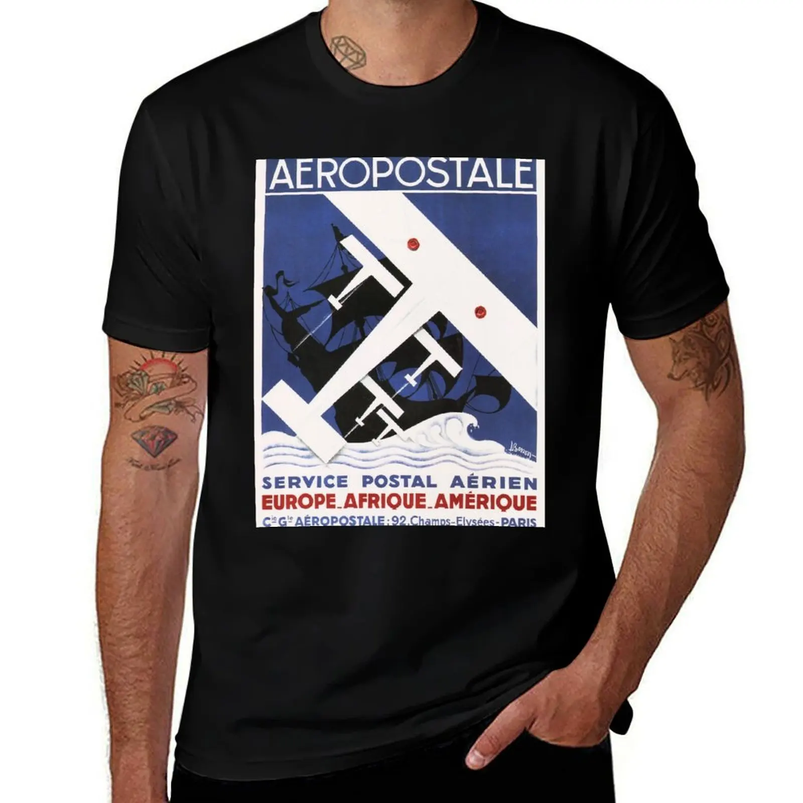 

AEROPOSTALE Europe Africa America Postal Service Vintage French Art Deco T-Shirt Casual Graphic Print Tee
