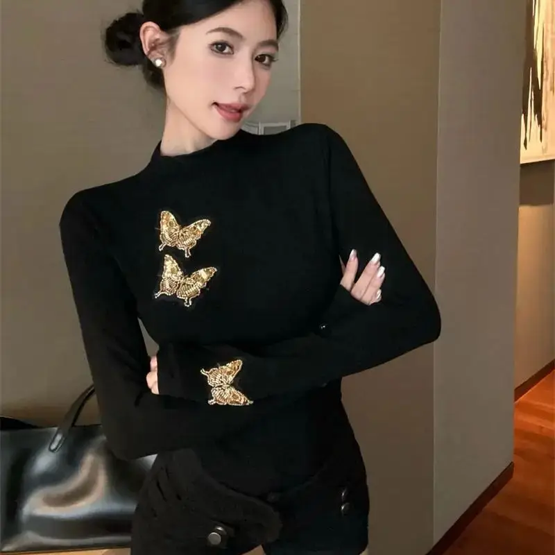 

French Half Turtleneck Heavy Industry Butterfly T-Shirt Women Autumn Winter New High-End Slim Brushed Casual Bottoming Shirt Top