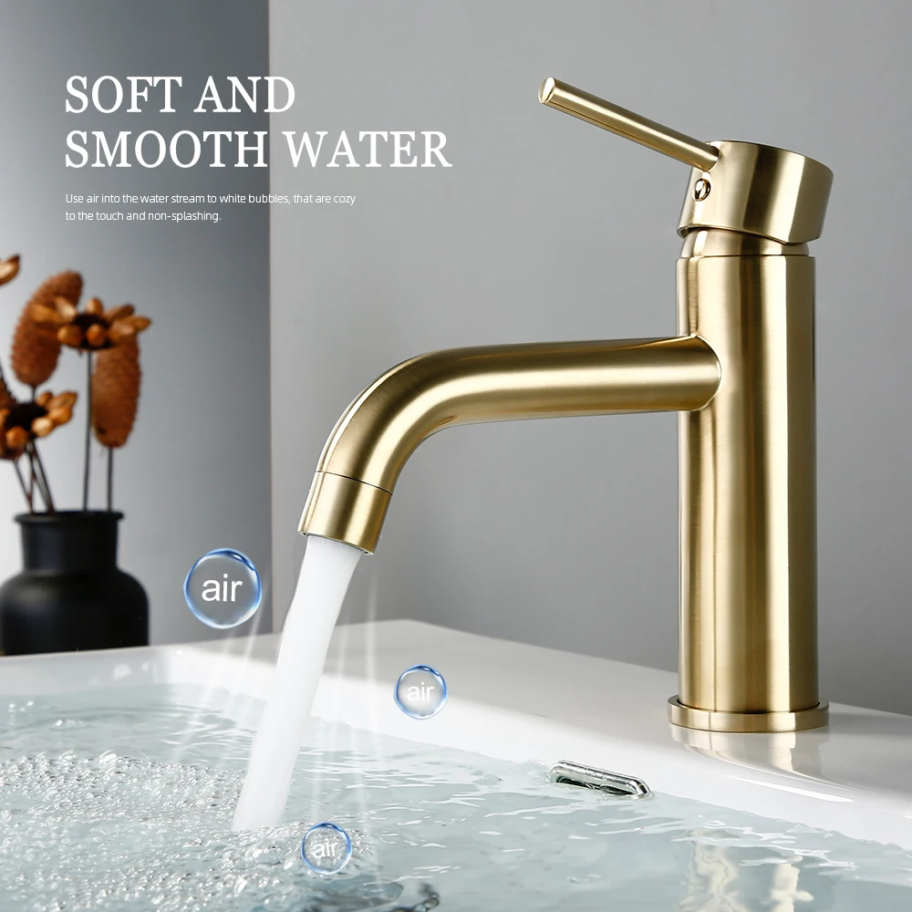 Brushed Gold Basin Faucet Solid Brass Hot And Cold Water Basin Mixer Sink Tap Deck Mounted Bathroom Taps