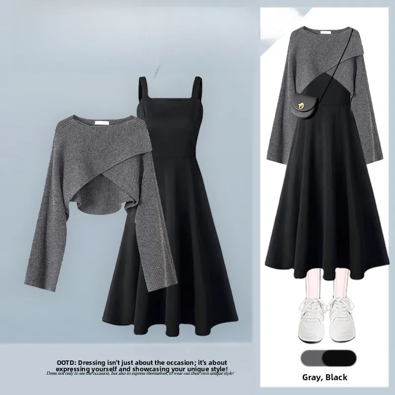 

Ladies' Autumn Fashion Set Long Sleeve round Neck Sweater Skirt Slimming Concealing Dress Unconventional Style Casual Wear