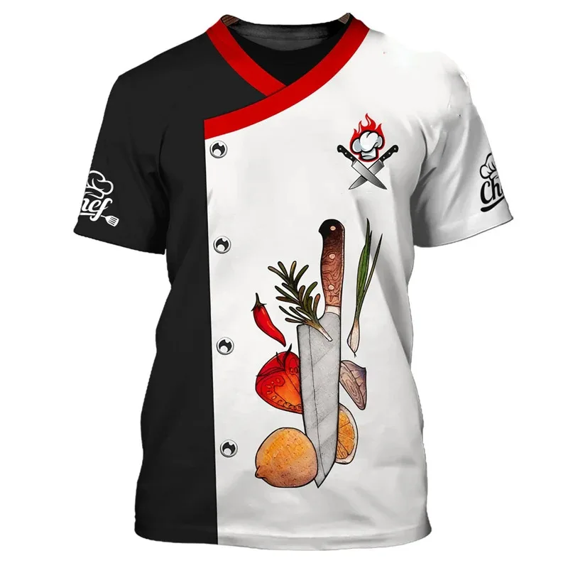 Camiseta de trabajo de Chef para hombre, camisetas divertidas con cuello redondo y patrón de personalidad, camiseta de cocinero a la moda con estampado 3D, novedades superiores 2025