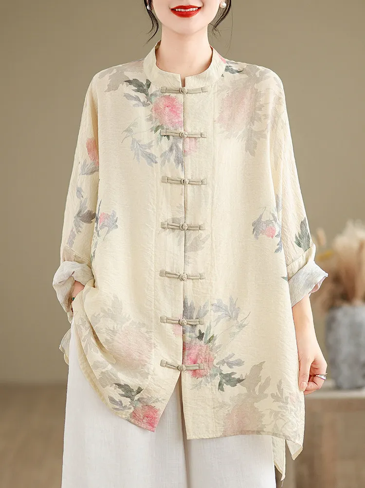 

Loose Fit Long Sve Plant Floral Print Button up Cardigan Stand Collar Chinese Sle Spring irt Women's plus Size Top