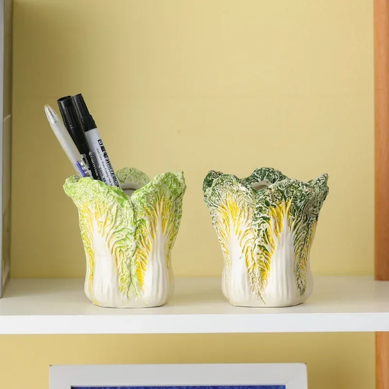 2026 Unique Ceramic Handicraft Artificial Chinese Cabbage Storage Bin Desktop Storage Container Makeup Brush Storage Box Home De